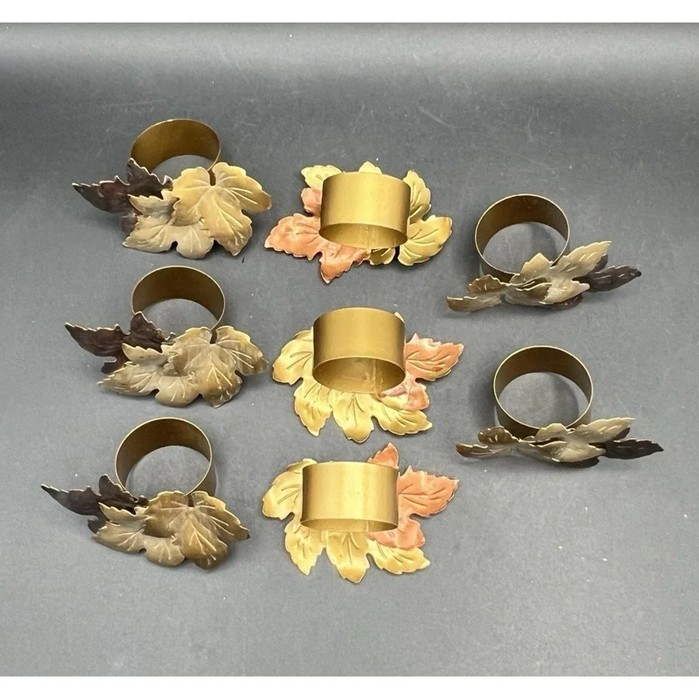 8 Metal Maple Leaf Napkin Rings Holders Brown/Gold-Tone Colors Autumn Fall
